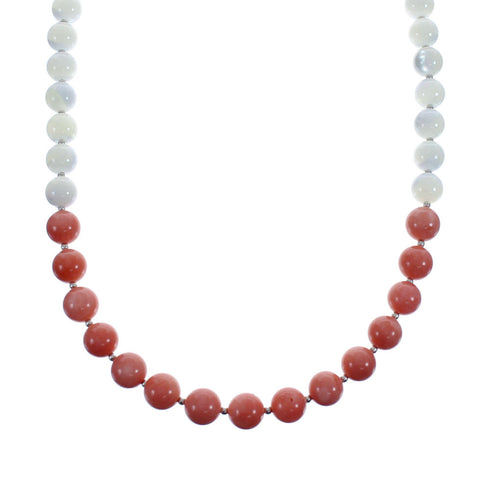 Sterling Silver Pink Coral and Mother of Pearl Bead Necklace JX126892